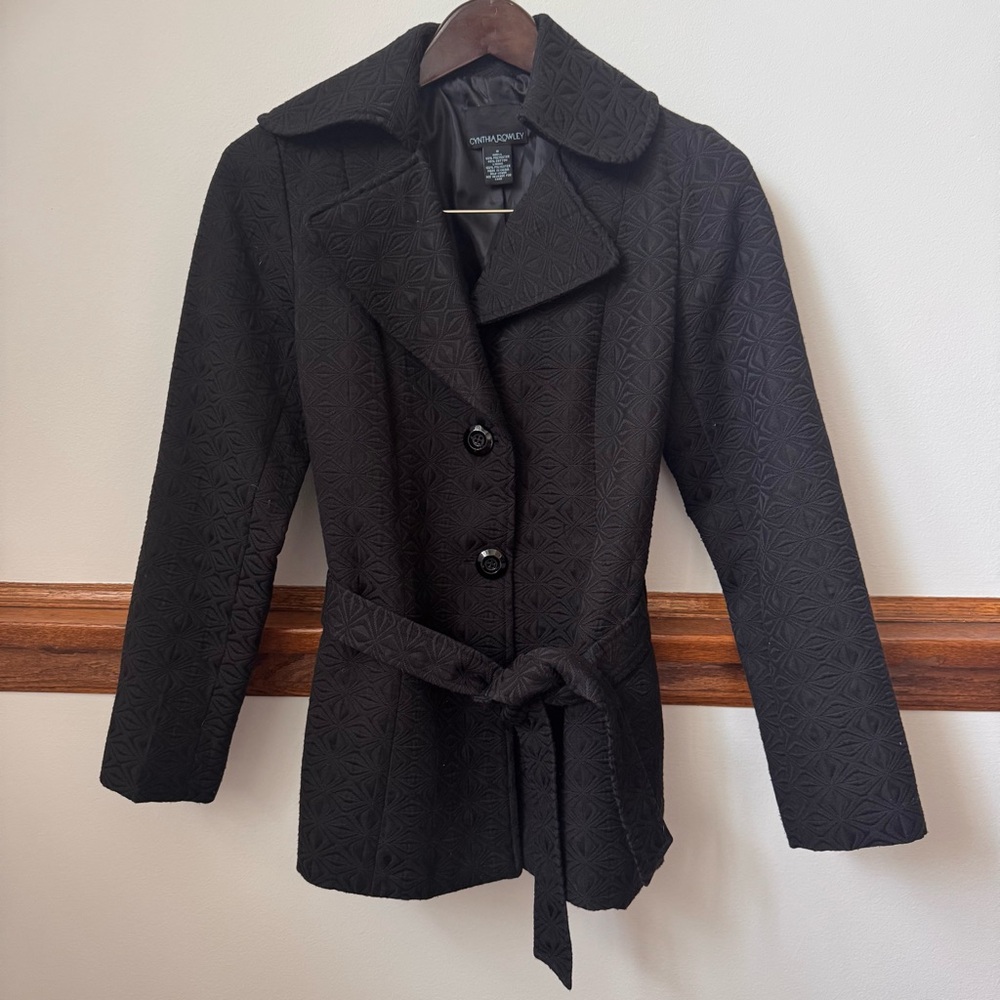 Cynthia Rowley Women's Black Textured Belted Peacoat